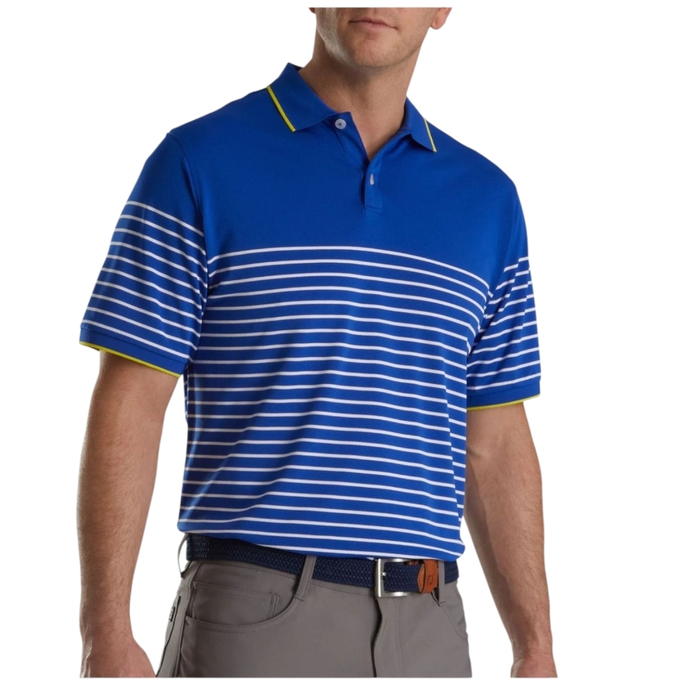 FootJoy Breton Stripe Stretch Pique Knit Collar Polo Blue Golf Shirt Men’s L
